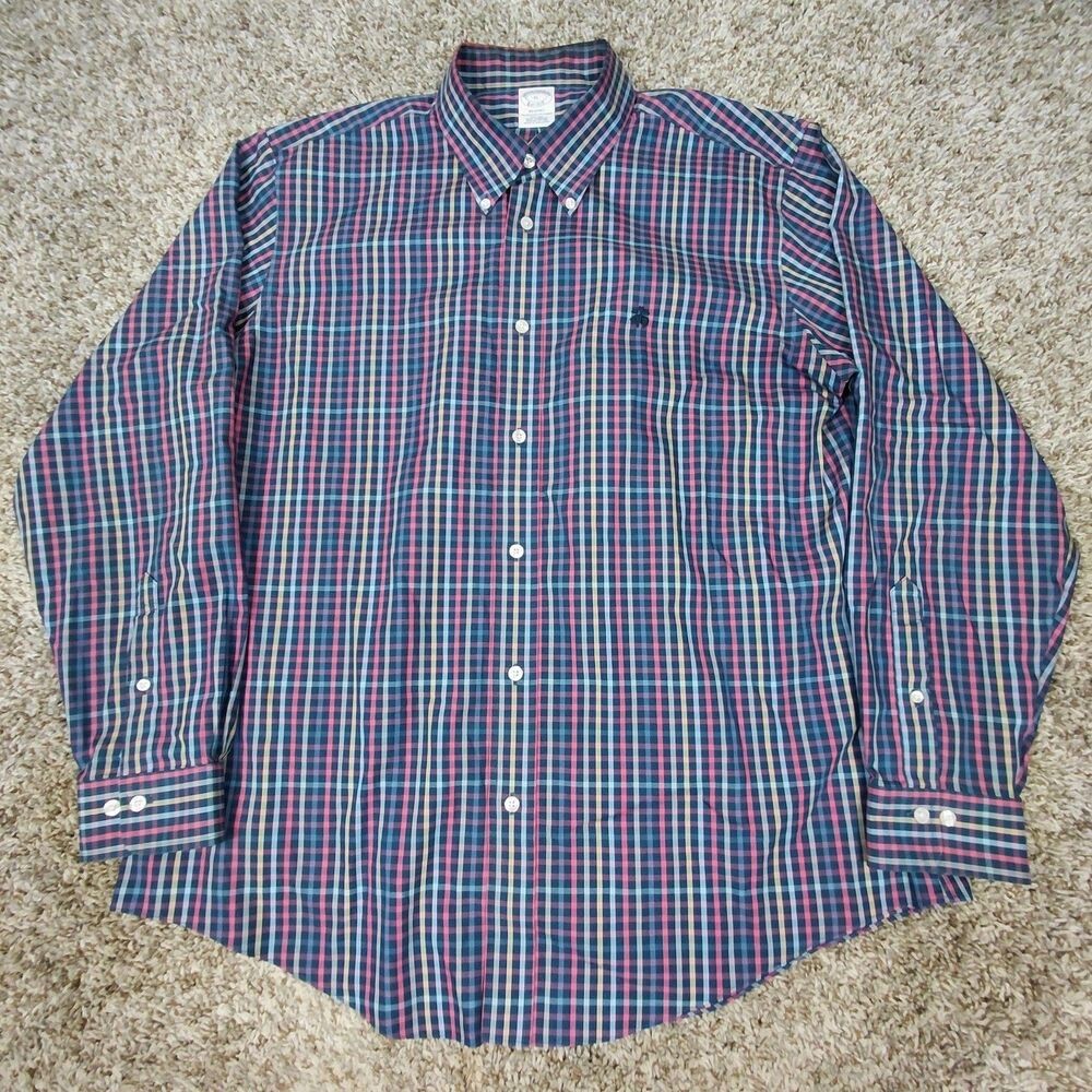 Brooks Brothers Regent Non-Iron Supima Cotton Plaid Shirt Mens XL Navy Logo